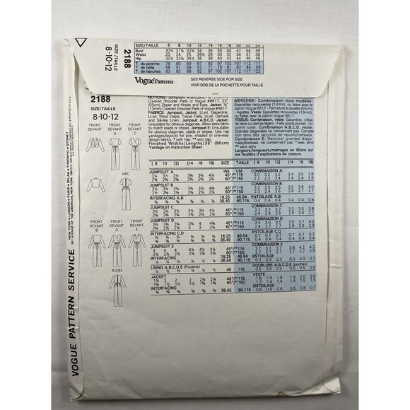 Easy Sewing Pattern Vogue 2188 Jumpsuit Pattern Crop Jacket 8 10 12 Uncut - Picture 2 of 2